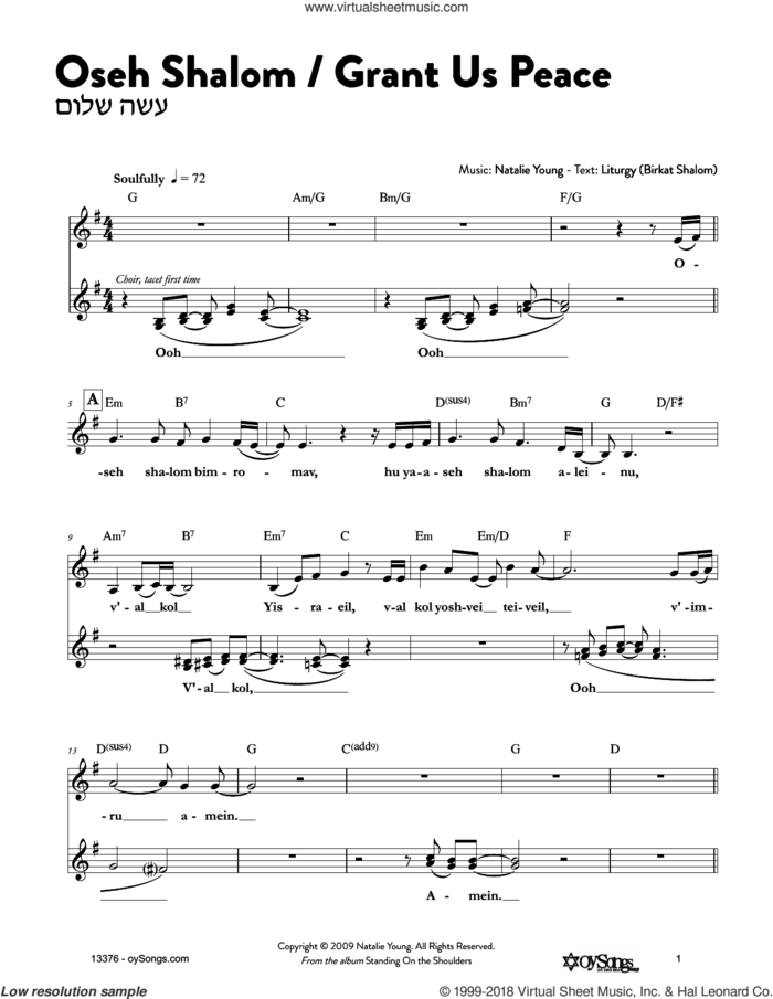 Oseh Shalom/Grant Us Peace sheet music for voice and other instruments (fake book) by Natalie Young, intermediate skill level