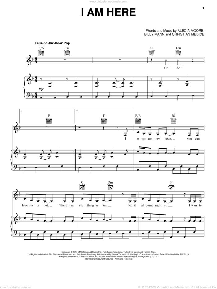 I Am Here sheet music for voice, piano or guitar by BILLY MANN, Miscellaneous, P!nk, Alecia Moore and Christian Medice, intermediate skill level