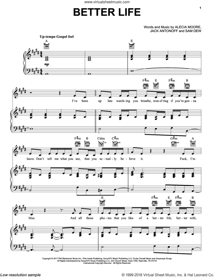 Better Life sheet music for voice, piano or guitar , Alecia Moore, Jack Antonoff and Sam Dew, intermediate skill level