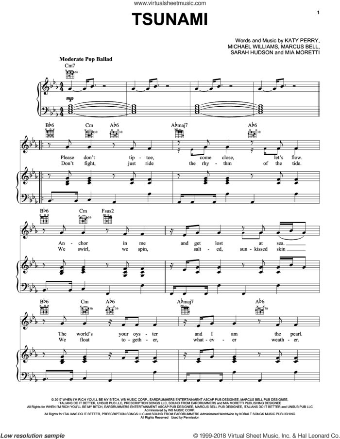 Tsunami sheet music for voice, piano or guitar by Katy Perry, Marcus Bell, Mia Moretti, Michael Williams and Sarah Hudson, intermediate skill level