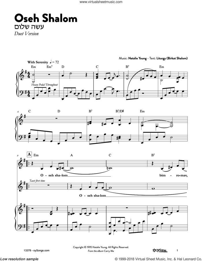 Oseh Shalom sheet music for voice and piano by Natalie Young, intermediate skill level