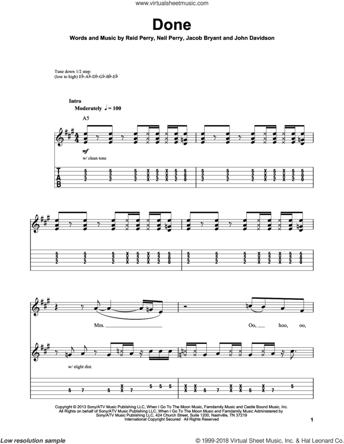 Done sheet music for guitar (tablature, play-along) by The Band Perry, Jacob Bryant, John Davidson, Neil Perry and Reid Perry, intermediate skill level