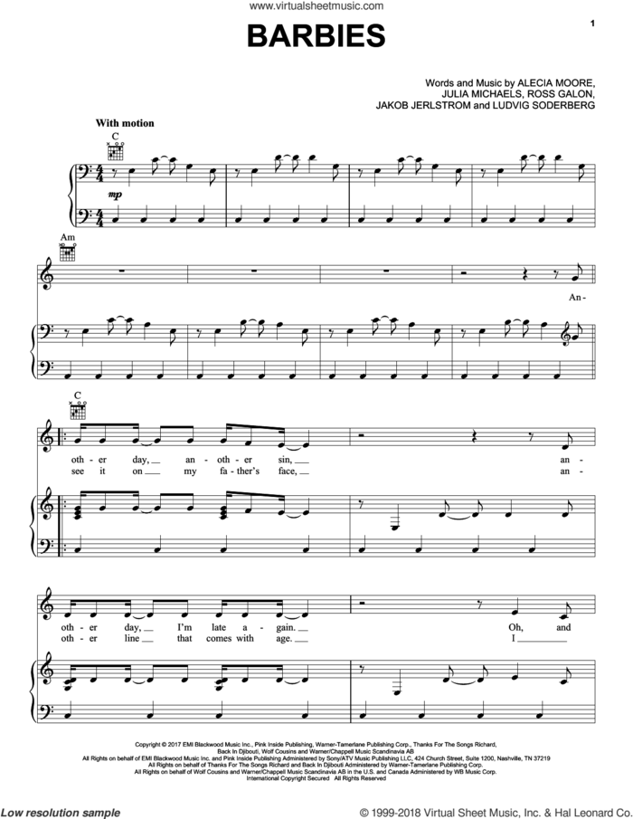 Barbies sheet music for voice, piano or guitar by Julia Michaels, Miscellaneous, Alecia Moore, Jakob Jerlstrom, Ludvig Soderberg and Ross Galon, intermediate skill level