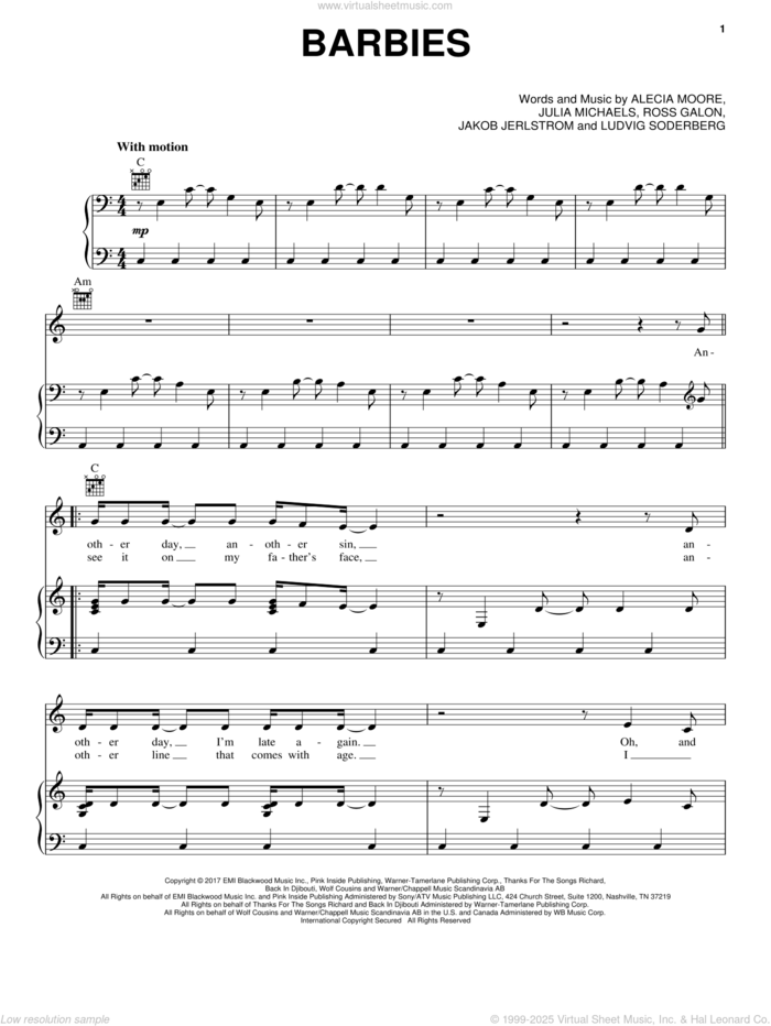 Barbies sheet music for voice, piano or guitar by Julia Michaels, Miscellaneous, P!nk, Alecia Moore, Jakob Jerlstrom, Ludvig Soderberg and Ross Galon, intermediate skill level