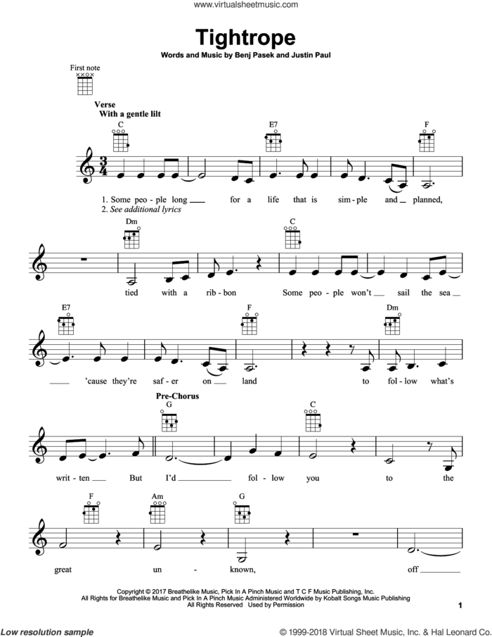 Tightrope (from The Greatest Showman) sheet music for ukulele by Pasek & Paul, Benj Pasek and Justin Paul, intermediate skill level