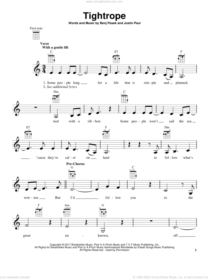 Tightrope (from The Greatest Showman) sheet music for ukulele by Pasek & Paul, Benj Pasek and Justin Paul, intermediate skill level