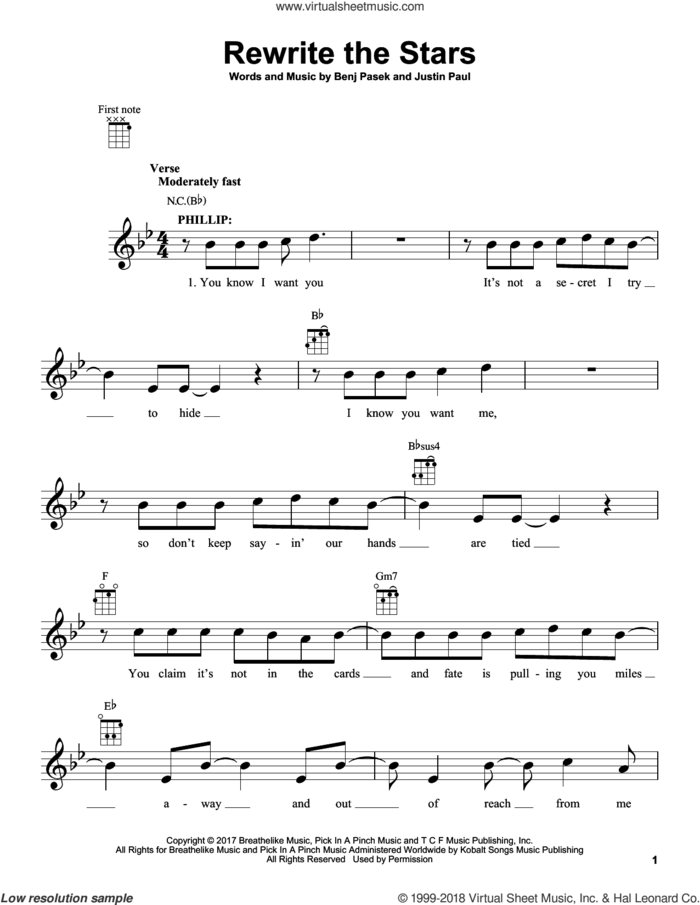 Rewrite The Stars (from The Greatest Showman) sheet music for ukulele by Pasek & Paul, Benj Pasek and Justin Paul, intermediate skill level