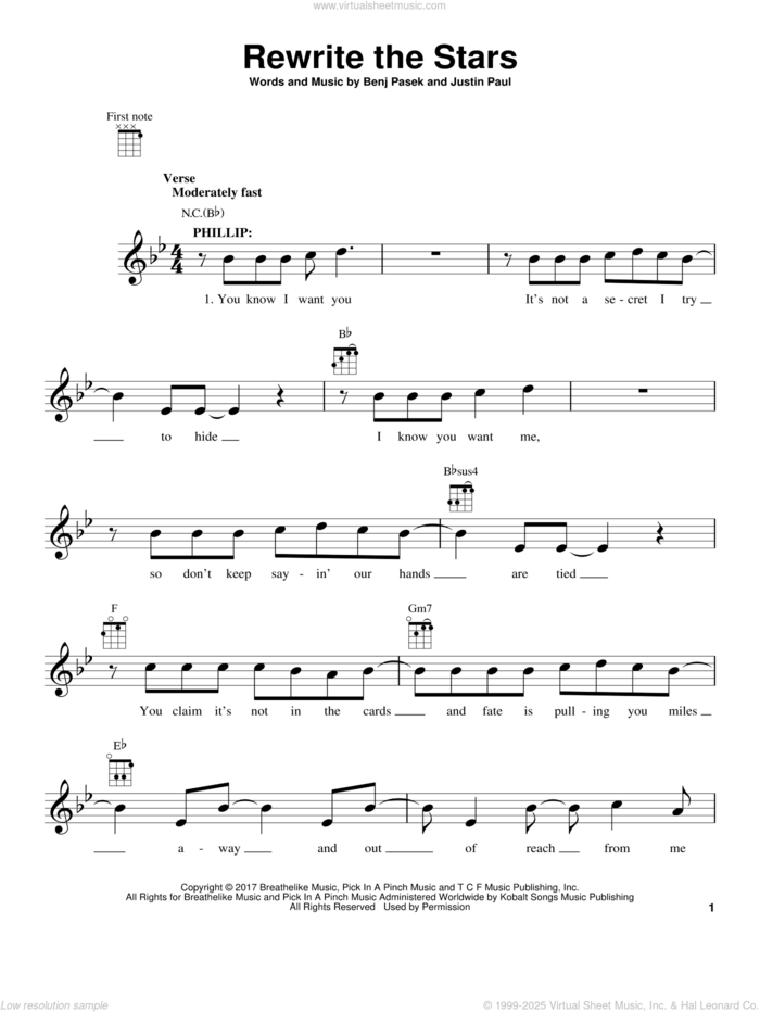 Rewrite The Stars (from The Greatest Showman) sheet music for ukulele by Pasek & Paul, Benj Pasek and Justin Paul, intermediate skill level