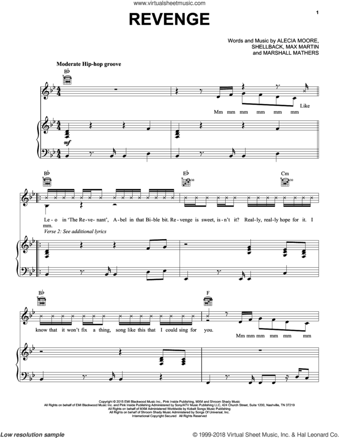 Revenge sheet music for voice, piano or guitar by Pink feat. Eminem, Miscellaneous, Alecia Moore, Marshall Mathers, Max Martin and Shellback, intermediate skill level