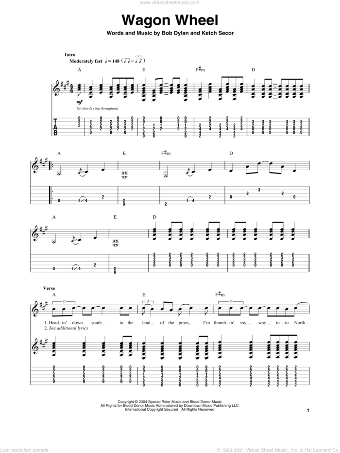 Wagon Wheel sheet music for guitar (tablature, play-along) by Darius Rucker, Bob Dylan and Ketch Secor, intermediate skill level