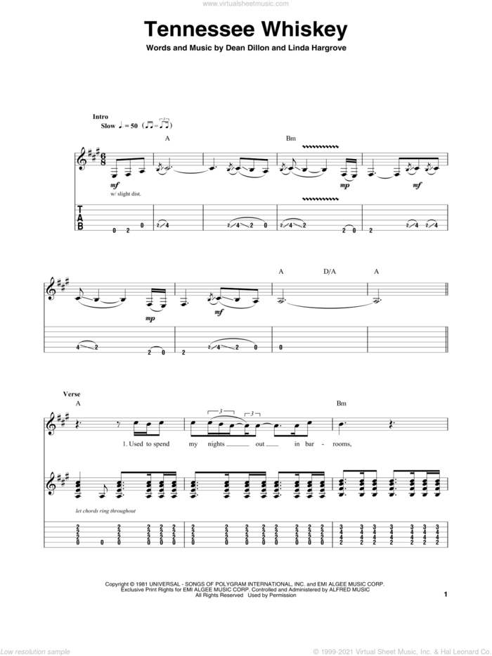 Tennessee Whiskey sheet music for guitar (tablature, play-along) by Chris Stapleton, George Jones, Dean Dillon and Linda Hargrove, intermediate skill level