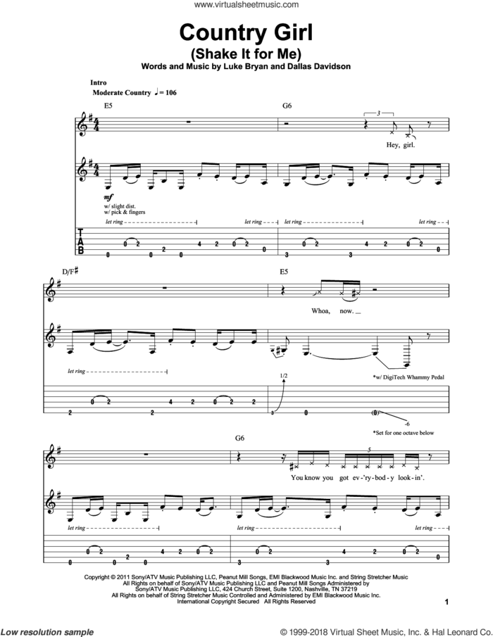 Country Girl (Shake It For Me) sheet music for guitar (tablature, play-along) by Luke Bryan and Dallas Davidson, intermediate skill level