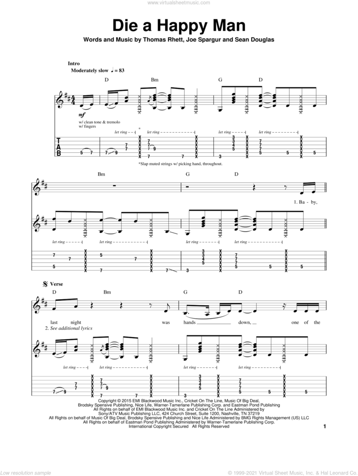 Die A Happy Man sheet music for guitar (tablature, play-along) by Thomas Rhett, Joe Spargur and Sean Douglas, intermediate skill level