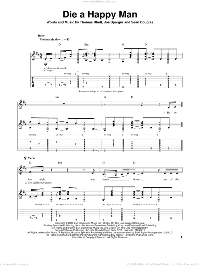 Die A Happy Man sheet music for guitar (tablature, play-along) by Thomas Rhett, Joe Spargur and Sean Douglas, intermediate skill level