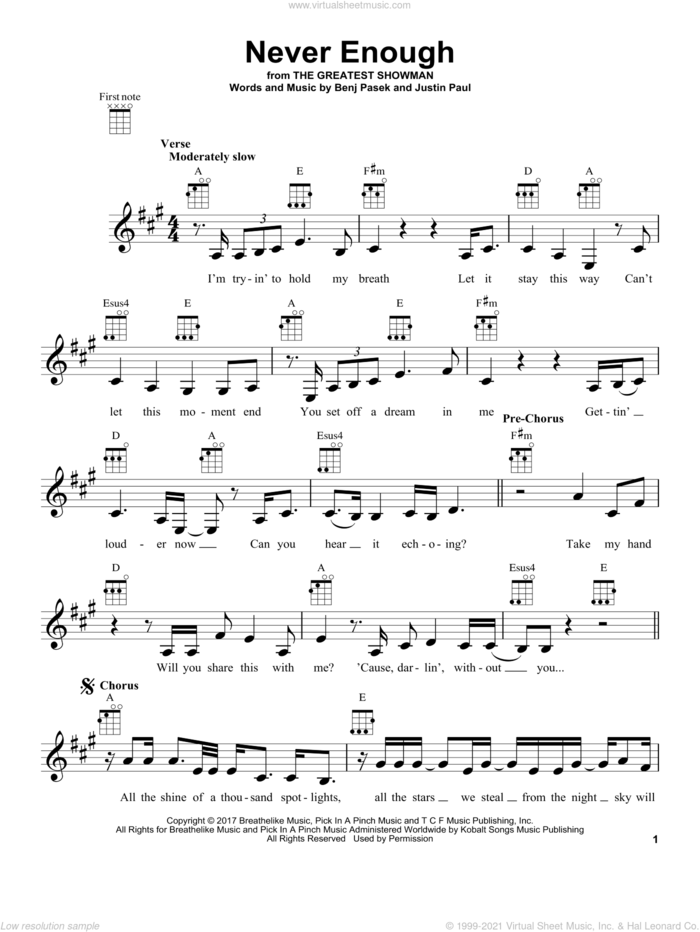 Never Enough (from The Greatest Showman) sheet music for ukulele by Pasek & Paul, Benj Pasek and Justin Paul, intermediate skill level