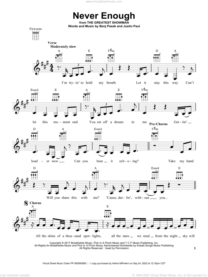 Never Enough (from The Greatest Showman) sheet music for ukulele by Pasek & Paul, Benj Pasek and Justin Paul, intermediate skill level