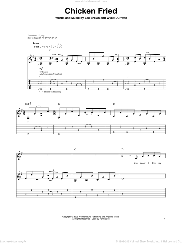 Chicken Fried sheet music for guitar (tablature, play-along) by Zac Brown Band, Wyatt Durrette and Zac Brown, intermediate skill level