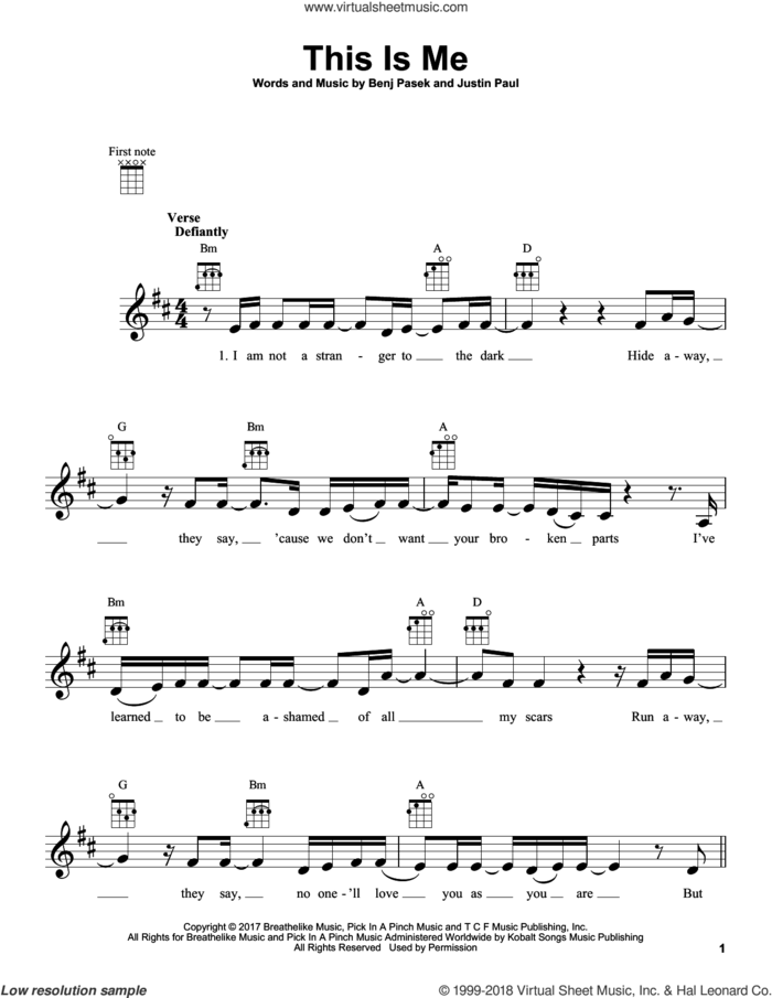 This Is Me (from The Greatest Showman) sheet music for ukulele by Pasek & Paul, Benj Pasek and Justin Paul, intermediate skill level