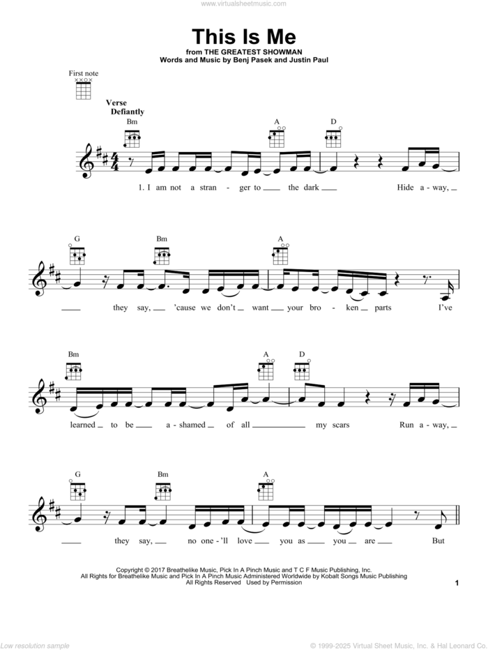 This Is Me (from The Greatest Showman) sheet music for ukulele by Pasek & Paul, Benj Pasek and Justin Paul, intermediate skill level