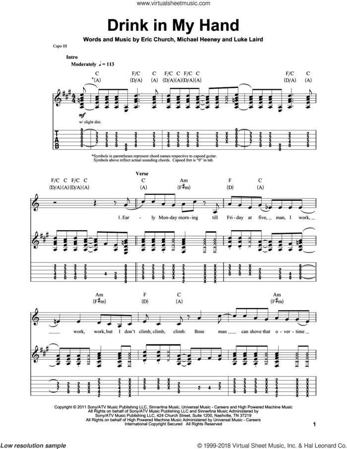 Drink In My Hand sheet music for guitar (tablature, play-along) by Eric Church, Luke Laird and Michael Heeney, intermediate skill level