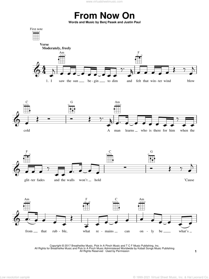 From Now On (from The Greatest Showman) sheet music for ukulele by Pasek & Paul, Benj Pasek and Justin Paul, intermediate skill level