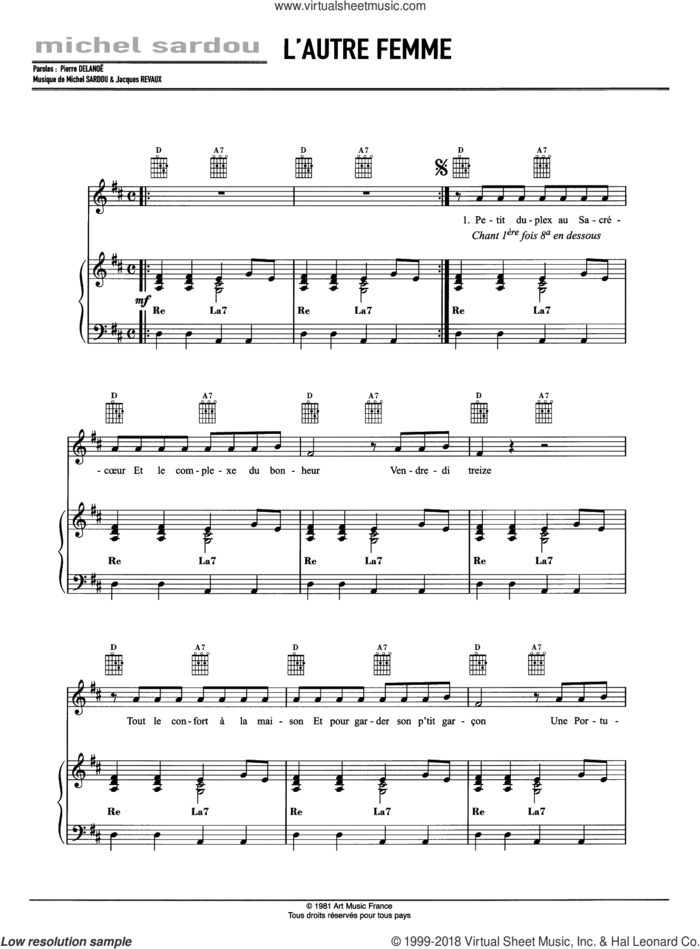 L'Autre Femme sheet music for voice, piano or guitar by Michel Sardou and Jacques Revaux, intermediate skill level