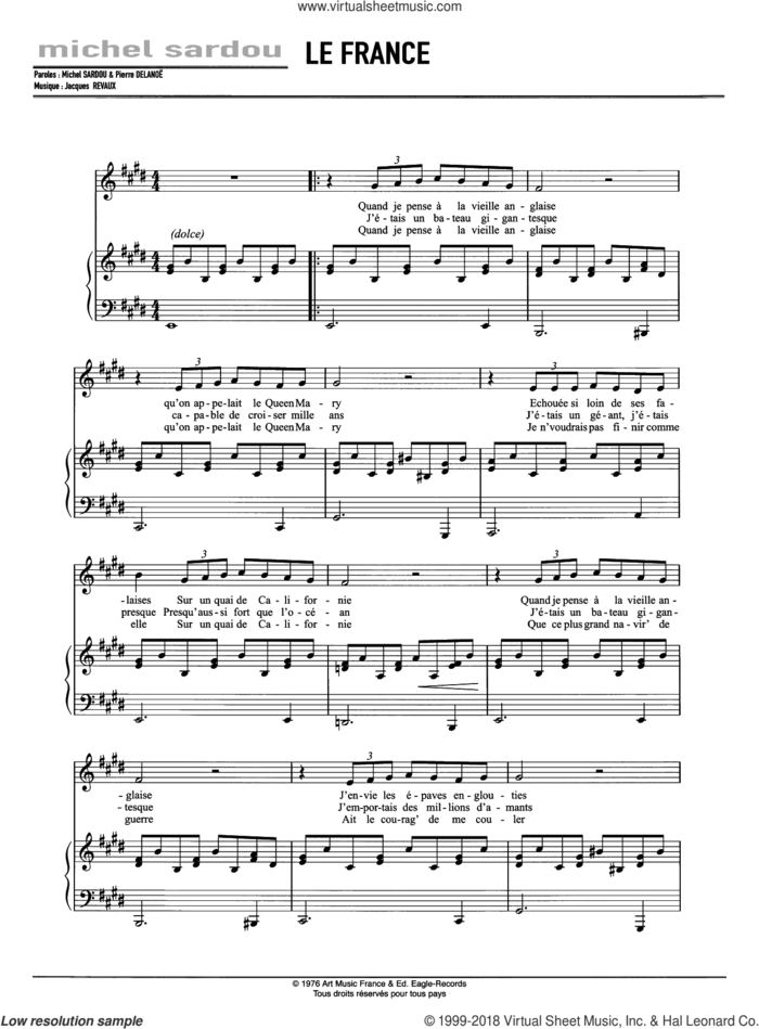 Le France sheet music for voice, piano or guitar by Michel Sardou, Jacques Revaux and Pierre Delanoe and Pierre Delanoe, intermediate skill level