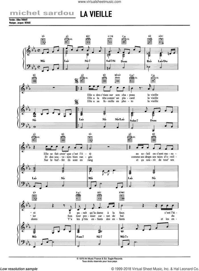 La Vieille sheet music for voice, piano or guitar by Michel Sardou and Jacques Revaux, intermediate skill level