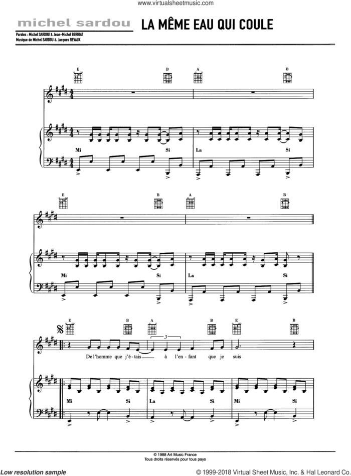 La Meme Eau Qui Coule sheet music for voice, piano or guitar by Michel Sardou and Jacques Revaux, intermediate skill level