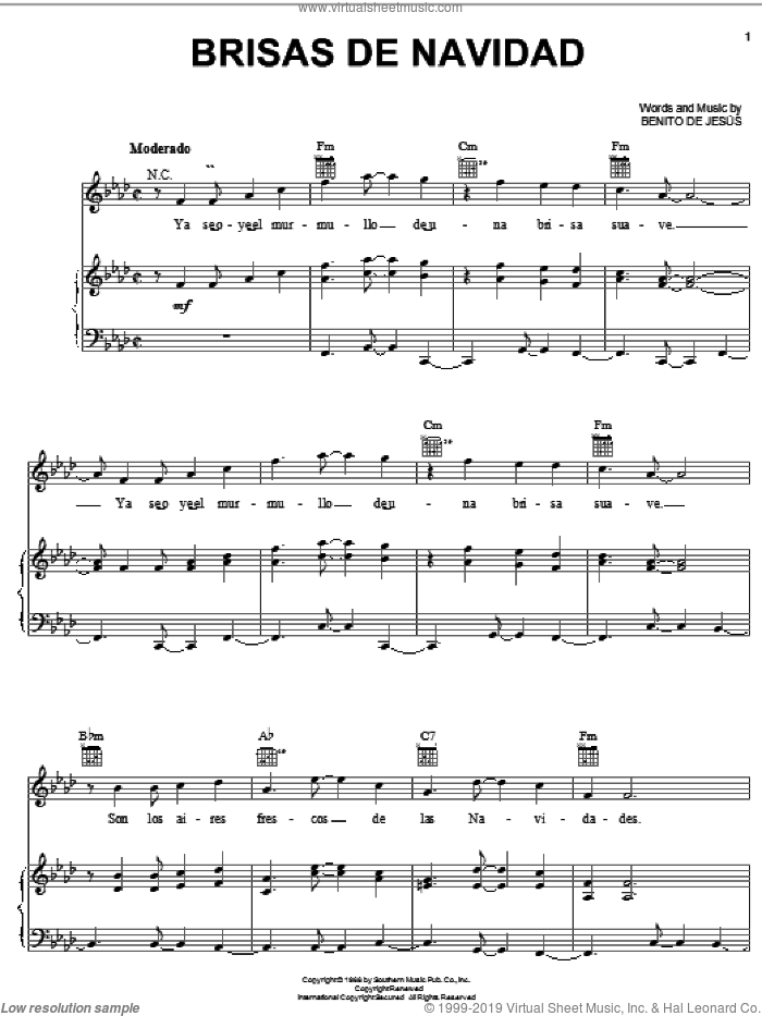 Brisas De Navidad sheet music for voice, piano or guitar by Benito De Jesus, intermediate skill level