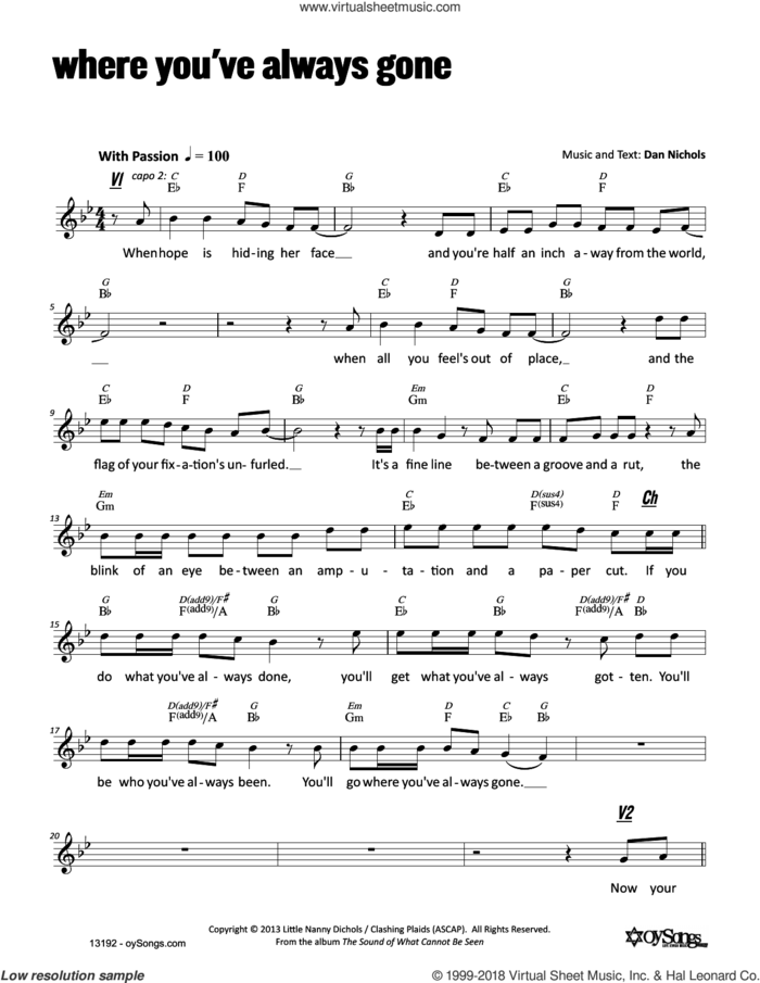 Where You've Always Gone sheet music for voice and other instruments (fake book) by Dan Nichols, intermediate skill level