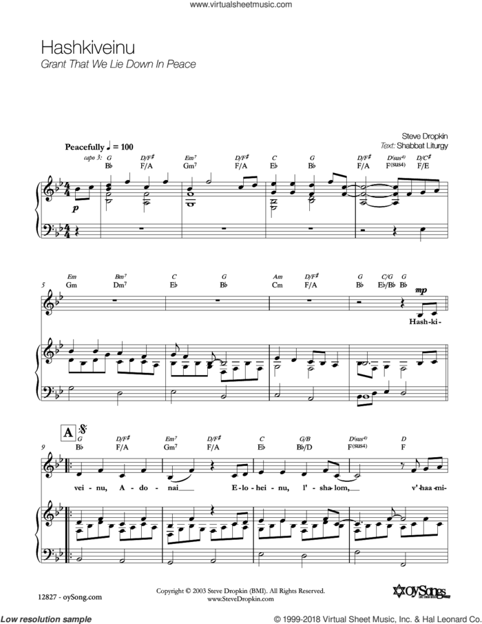 Hashkiveinu sheet music for voice, piano or guitar by Steve Dropkin, intermediate skill level