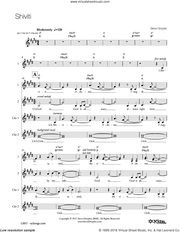 Shiviti sheet music for voice and other instruments (fake book) by Steve Dropkin, intermediate skill level