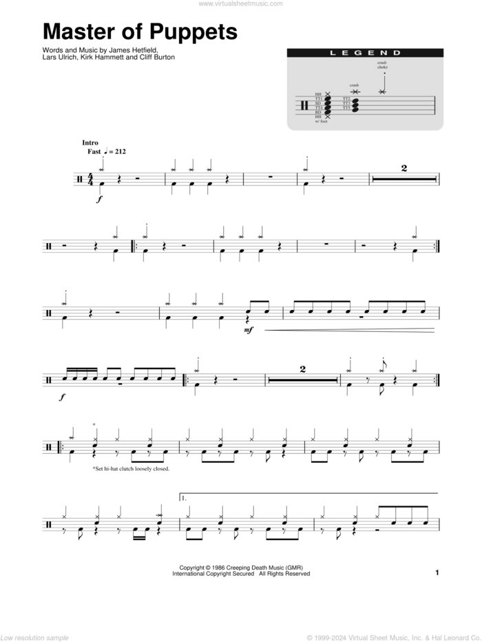 Master Of Puppets sheet music for drums by Metallica, Cliff Burton, James Hetfield, Kirk Hammett and Lars Ulrich, intermediate skill level