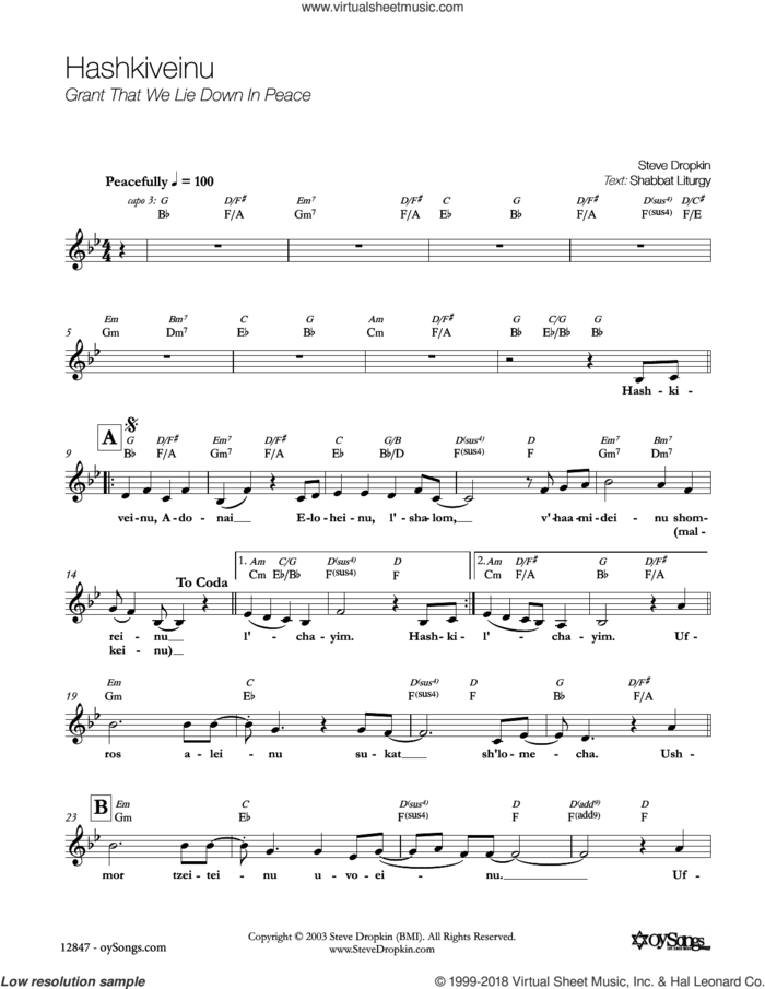 Hashkiveinu sheet music for voice and other instruments (fake book) by Steve Dropkin, intermediate skill level