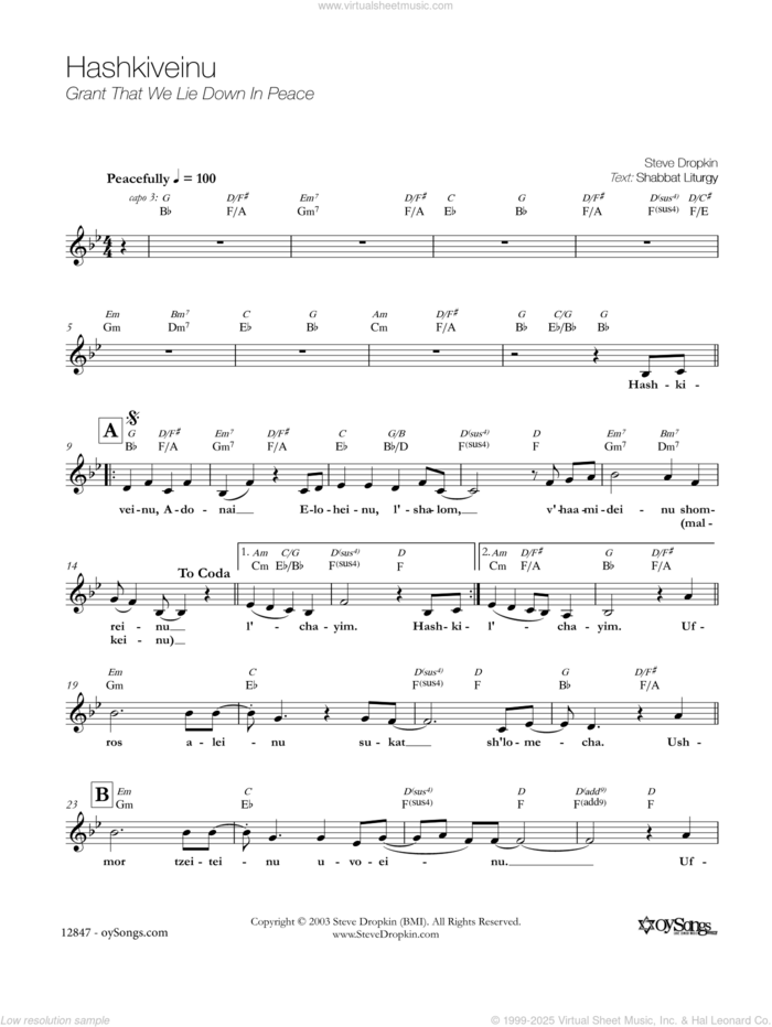 Hashkiveinu sheet music for voice and other instruments (fake book) by Steve Dropkin, intermediate skill level