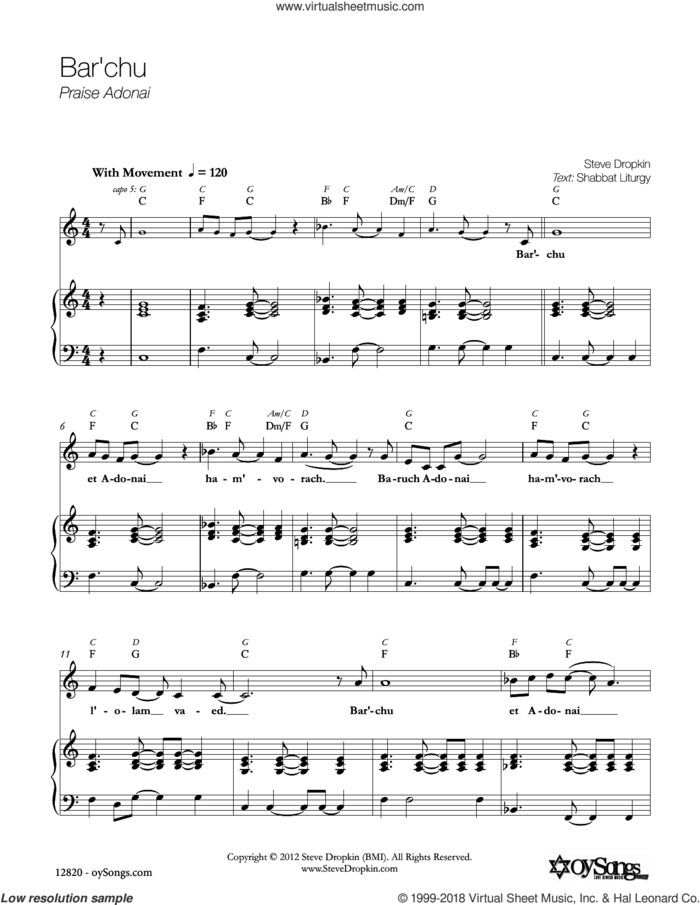 Bar'chu sheet music for voice, piano or guitar by Steve Dropkin, intermediate skill level