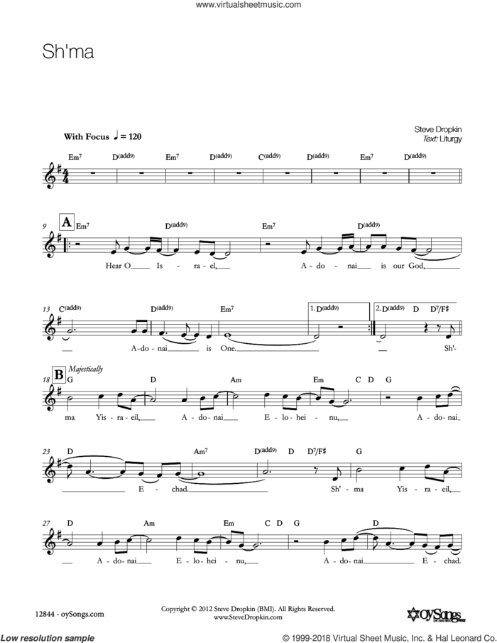 Sh'ma sheet music for voice and other instruments (fake book) by Steve Dropkin, intermediate skill level