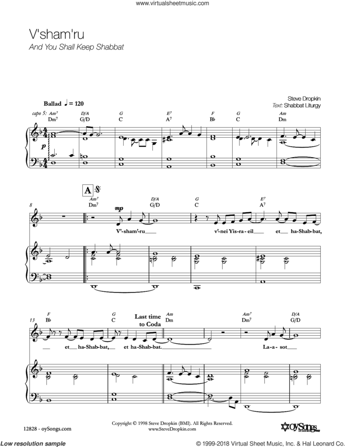 V'Sham'Ru sheet music for voice, piano or guitar by Steve Dropkin, intermediate skill level