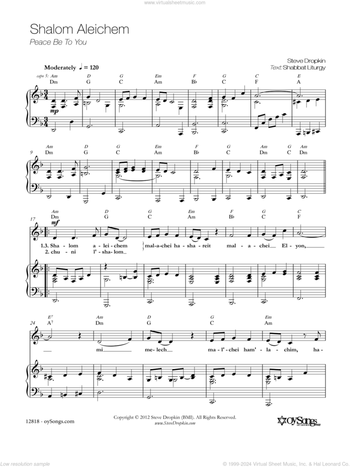 Shalom Aleichem sheet music for voice, piano or guitar by Steve Dropkin, intermediate skill level
