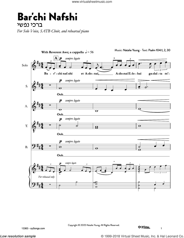 Bar'chi Nafshi sheet music for choir (SATB: soprano, alto, tenor, bass) by Natalie Young, intermediate skill level