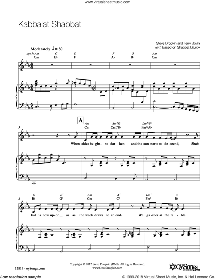 Kabbalat Shabbat sheet music for voice, piano or guitar by Steve Dropkin, intermediate skill level
