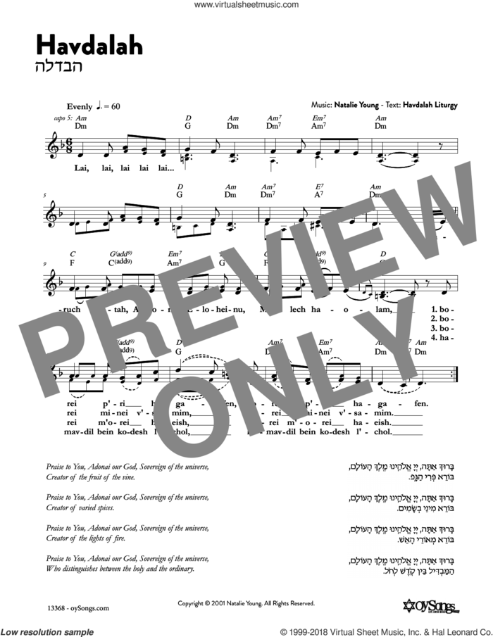 Havdalah sheet music for voice and other instruments (fake book) by Natalie Young, intermediate skill level