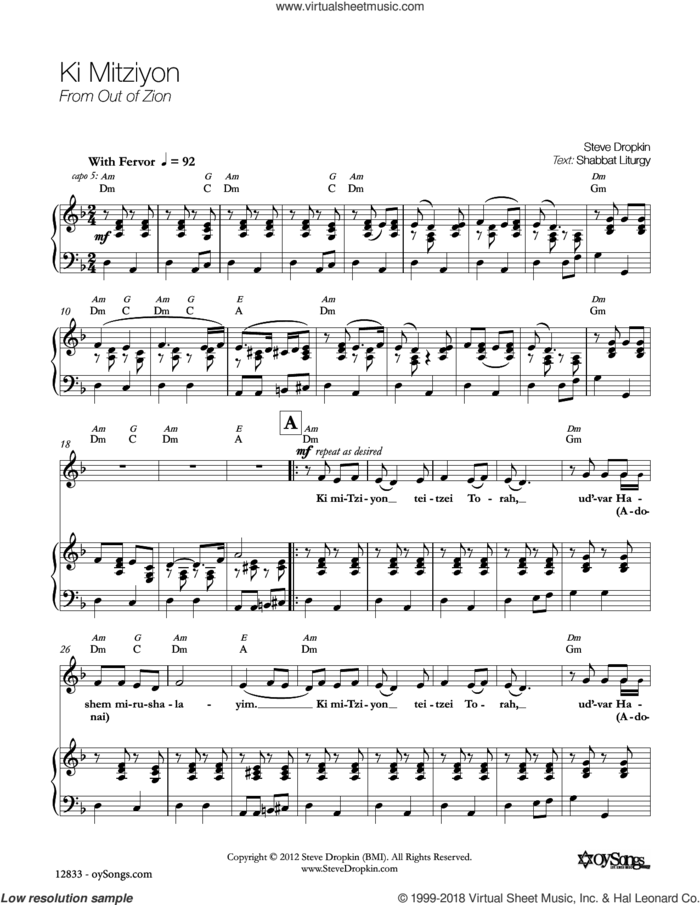 Ki Mitziyon sheet music for voice, piano or guitar by Steve Dropkin, intermediate skill level