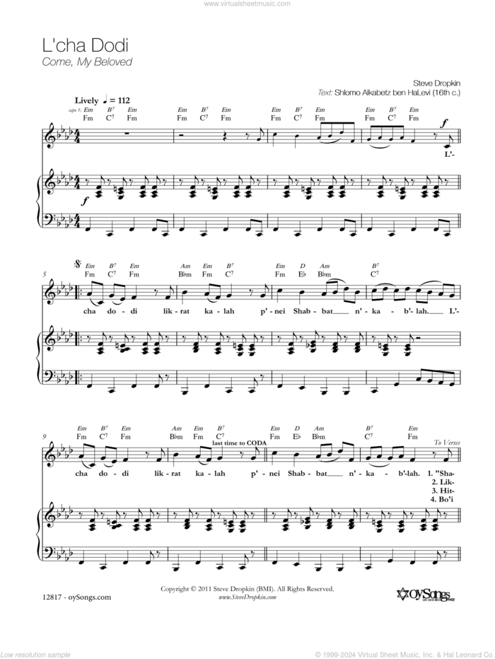 L'cha Dodi sheet music for voice, piano or guitar by Steve Dropkin, intermediate skill level