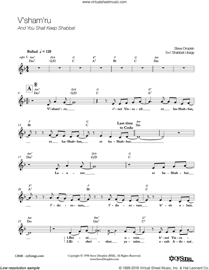 V'Sham'Ru sheet music for voice and other instruments (fake book) by Steve Dropkin, intermediate skill level