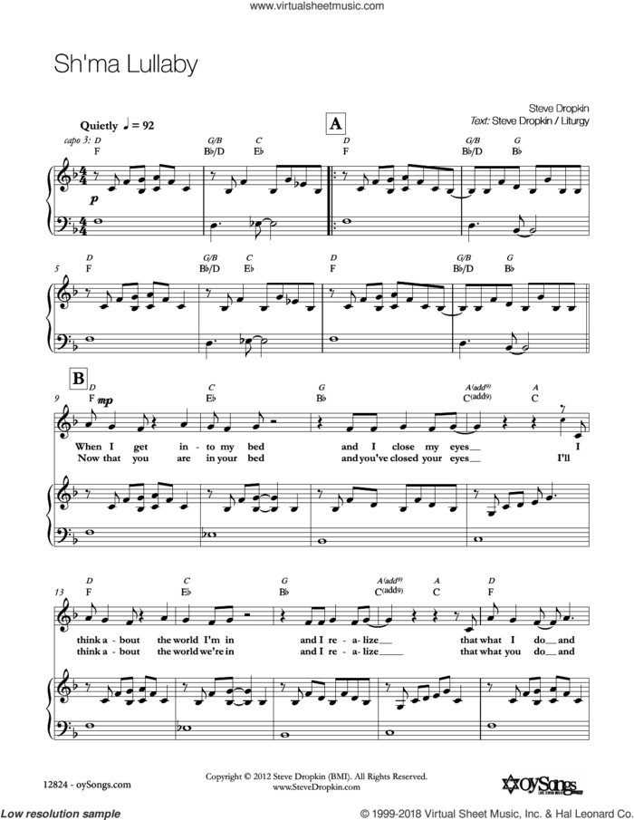 Sh'ma Lullaby sheet music for voice, piano or guitar by Steve Dropkin, intermediate skill level