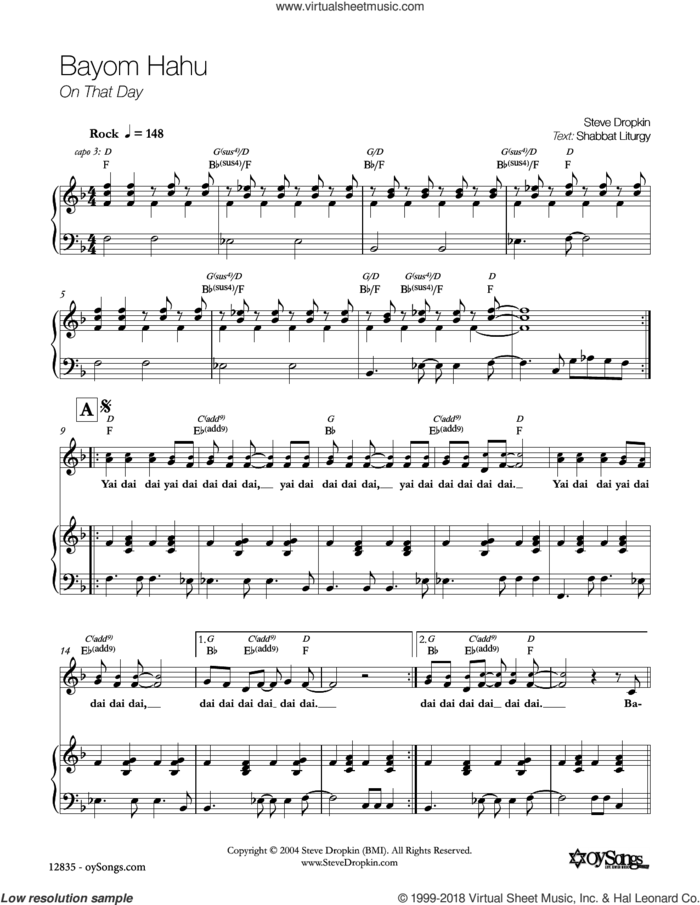 Bayom Hahu sheet music for voice, piano or guitar by Steve Dropkin, intermediate skill level