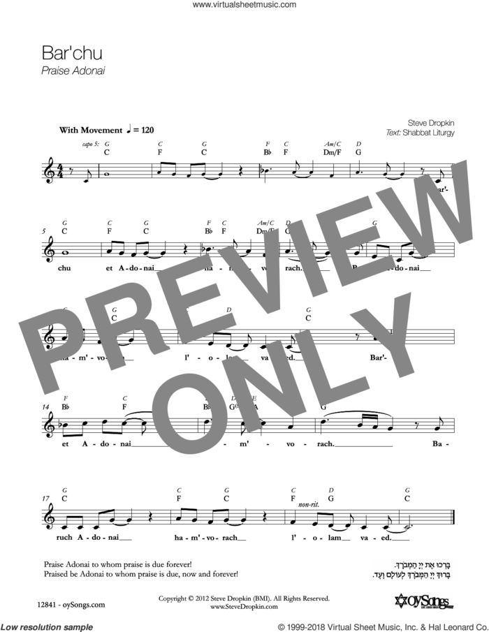 Bar'chu sheet music for voice and other instruments (fake book) by Steve Dropkin, intermediate skill level