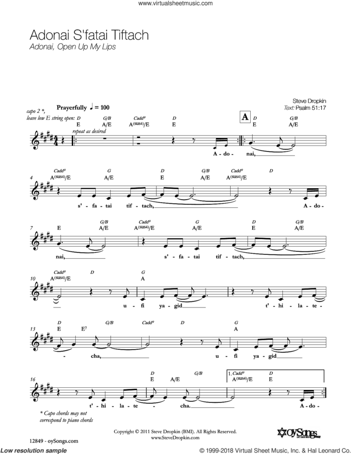 Adonai S'fatai Tiftach sheet music for voice and other instruments (fake book) by Steve Dropkin, intermediate skill level